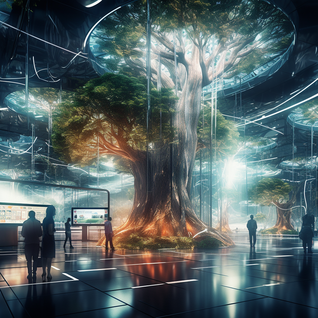 Futuristic city with giant tree and digital screens