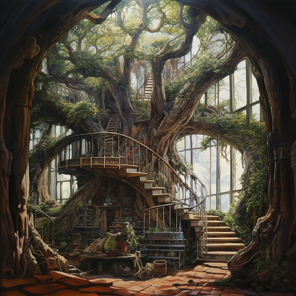 A mesmerizing giant tree with spiral staircase and enchanting windows