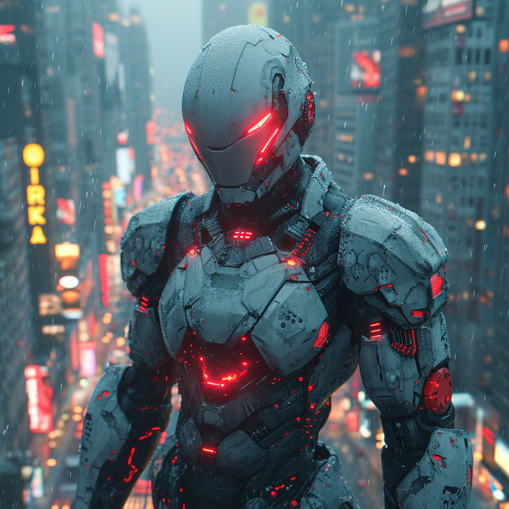 Giant Ultraman in Cyberpunk City at Night