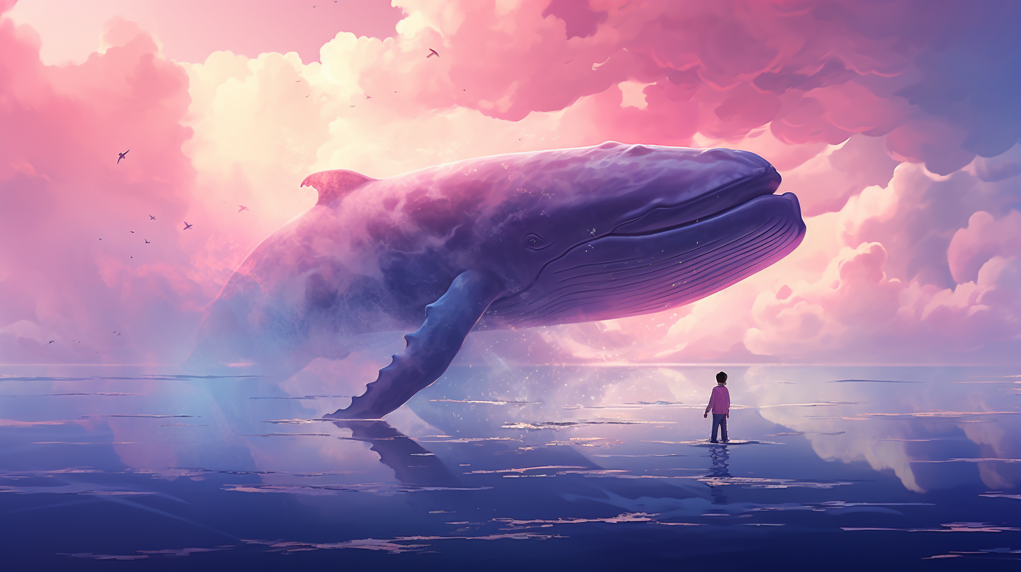 Giant whale in clouds with Korean boy