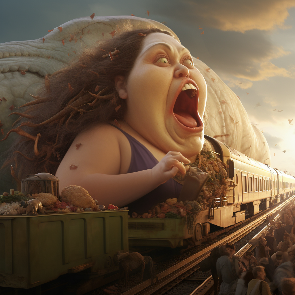 Wow! Giant woman devouring a train