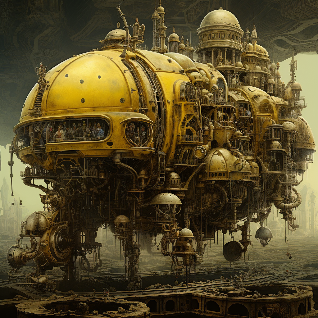 Yellow steampunk tank emitting pipes