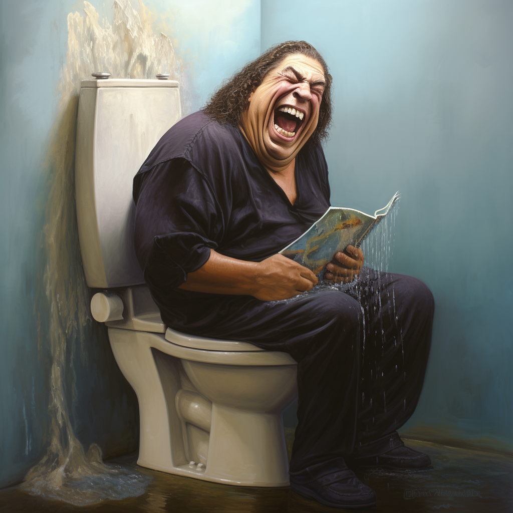 Andre the Giant laughing at a toilet