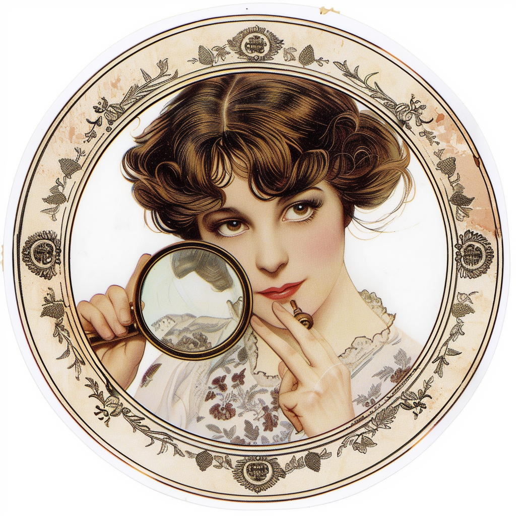 Gibson girl with magnifying glass