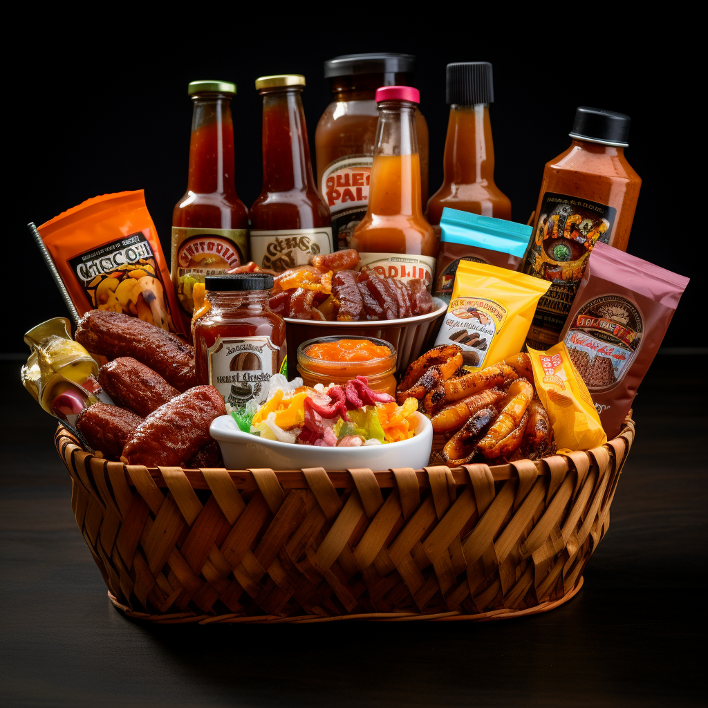 Tasty gift basket with barbecue sauces, jellies, and food products