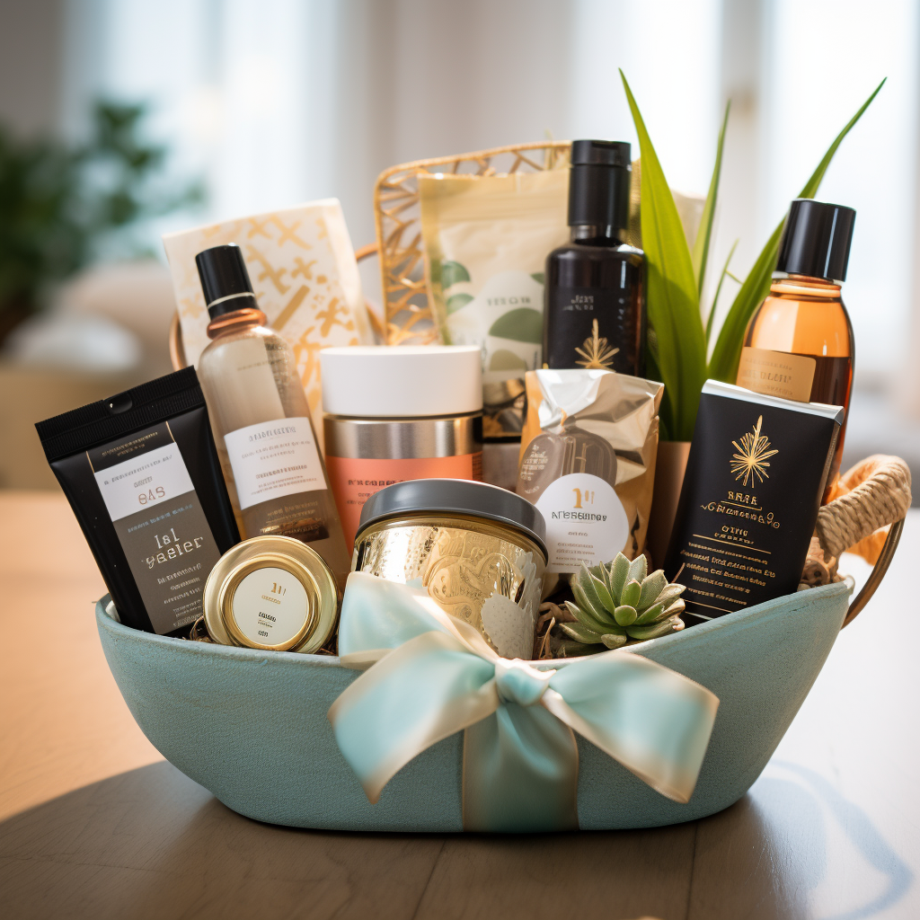 Assorted gift basket products on display