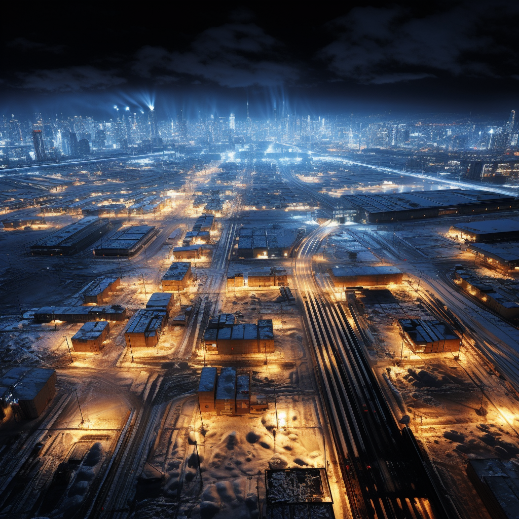 Aerial view of dense industrial lights grid