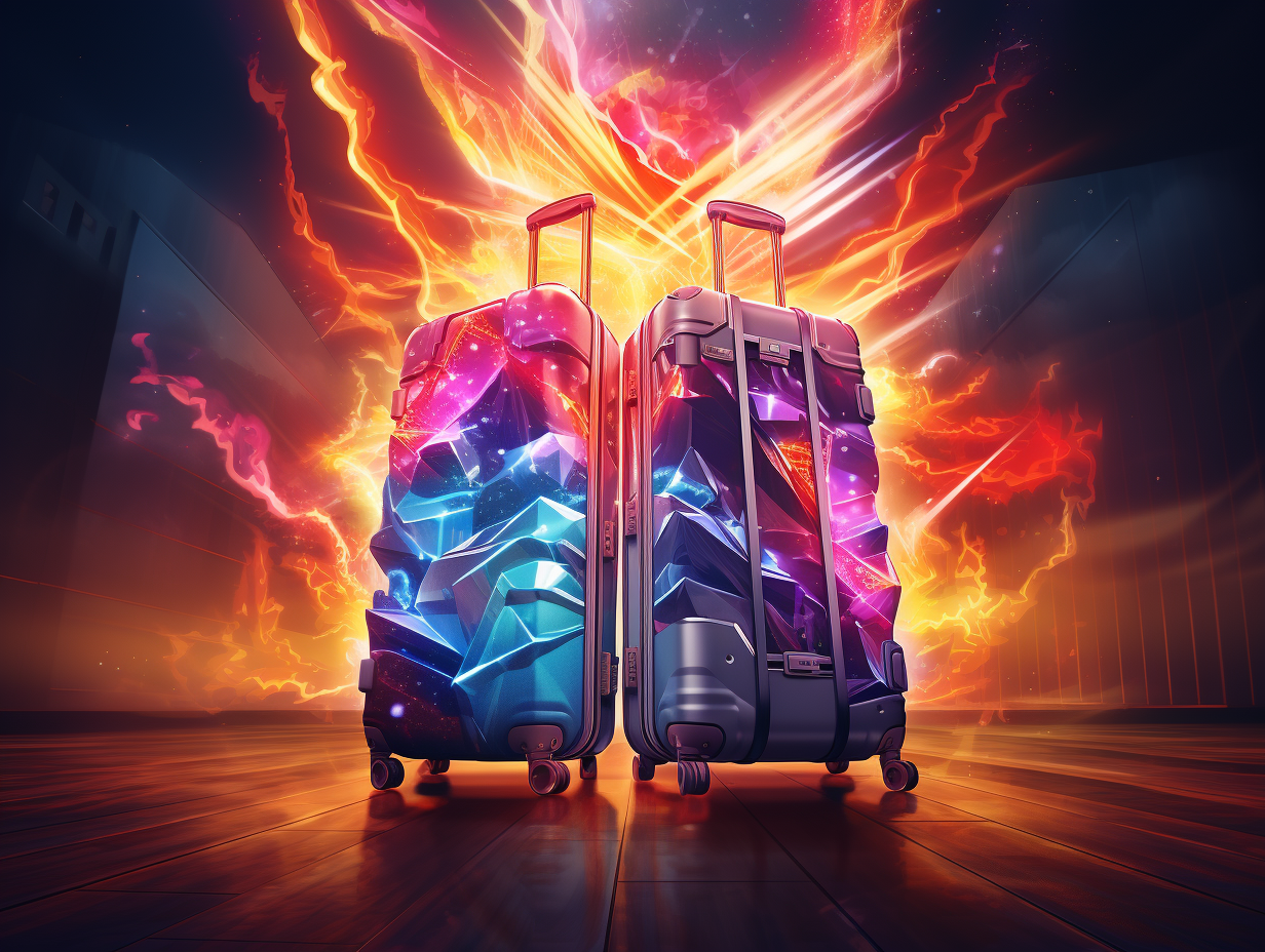 Gigantic iPhone 15 and Rimowa Suitcase in a magical explosion