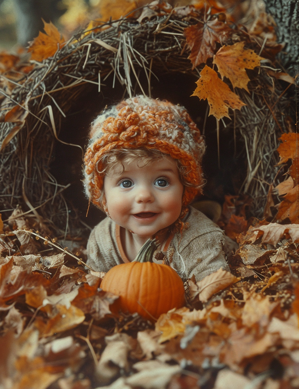 Baby wearing pumpkin hat crawling cornucopia