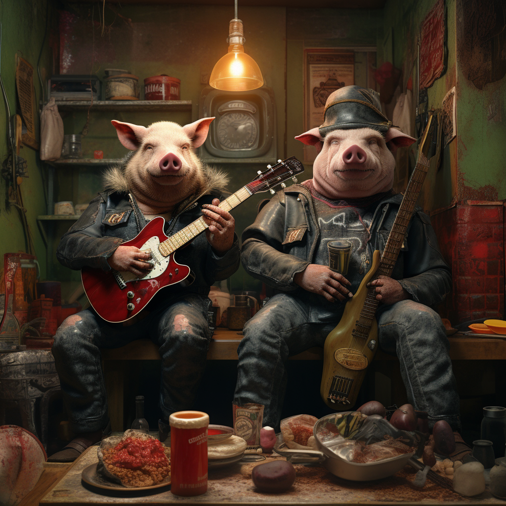 Two giggling cyberpunk pigs rocking an electric guitar