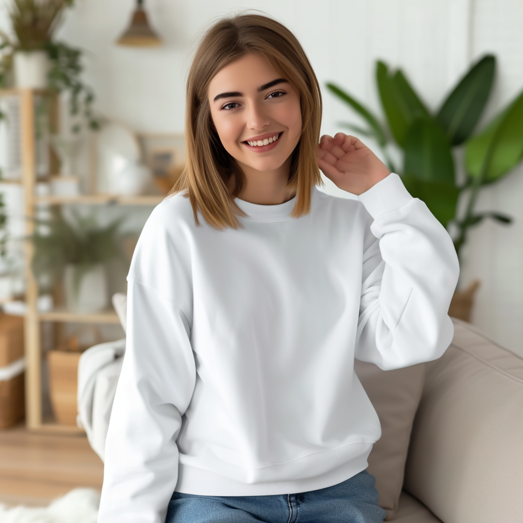 Woman in Gildan 18000 white blank sweatshirt