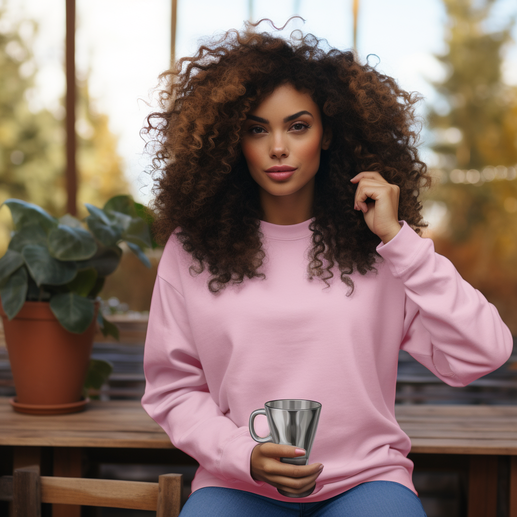 African American woman wearing pink sweatshirt with curly hair and pink stanley cup