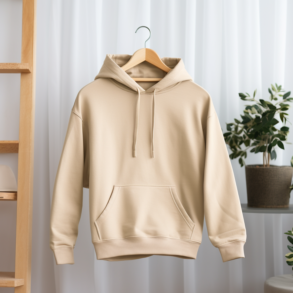 Mockup of sand-coloured Gildan hoodie in bedroom with Christmas decorations