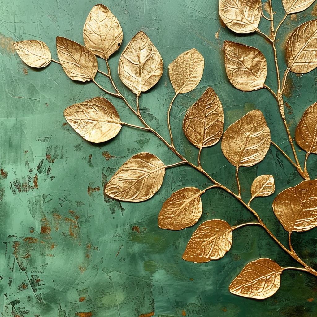 Gilded Embossed Eucalyptus Leaves on Green Background