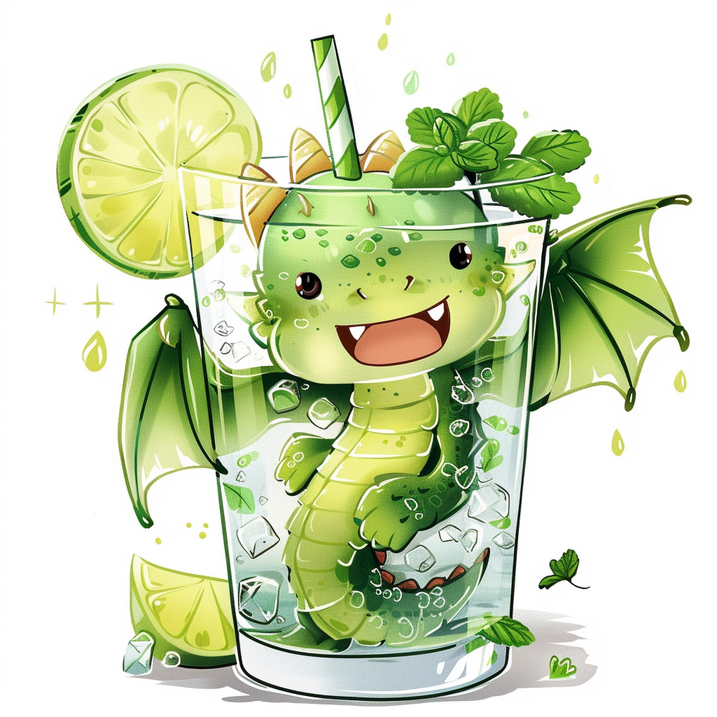 Cute dragon with gin tonic cocktail