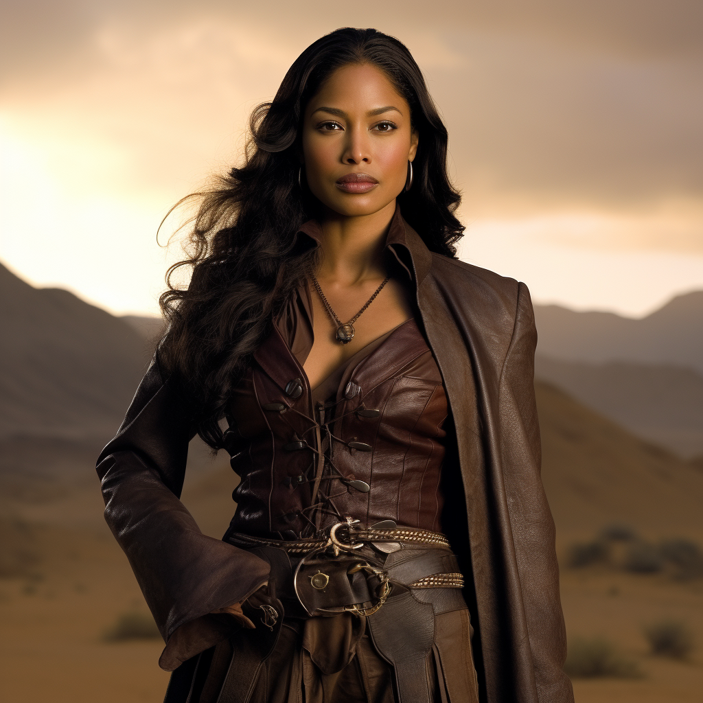 Gina Torres wearing a brown duster coat in a desert landscape