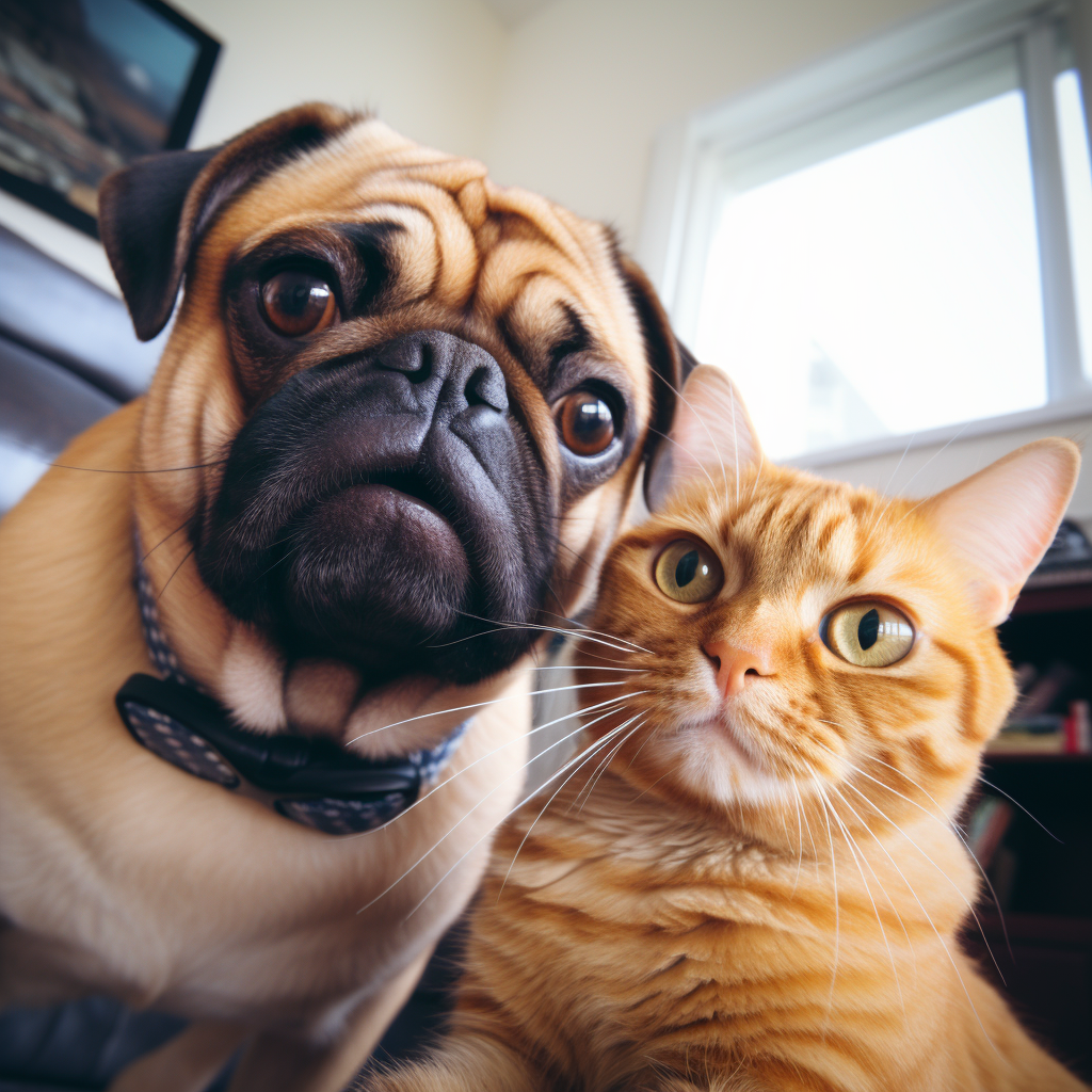 Ginger cat taking selfie with pug dog