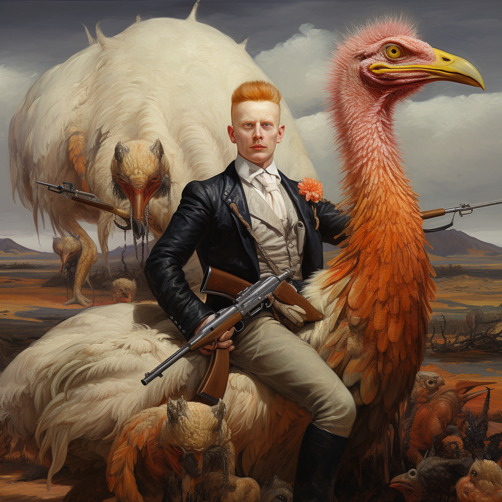 Ginger riding ostrich with gun