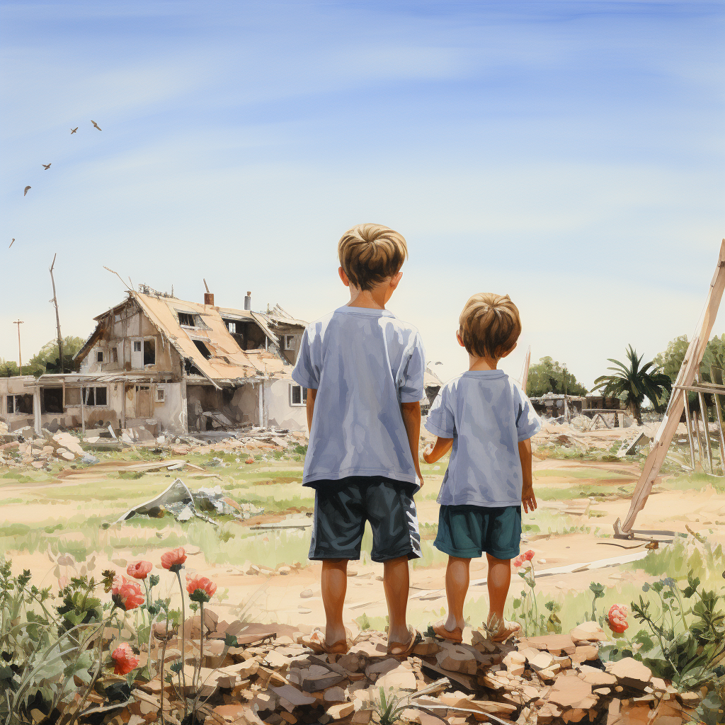 Two ginger-haired boys hugging in front of destroyed houses