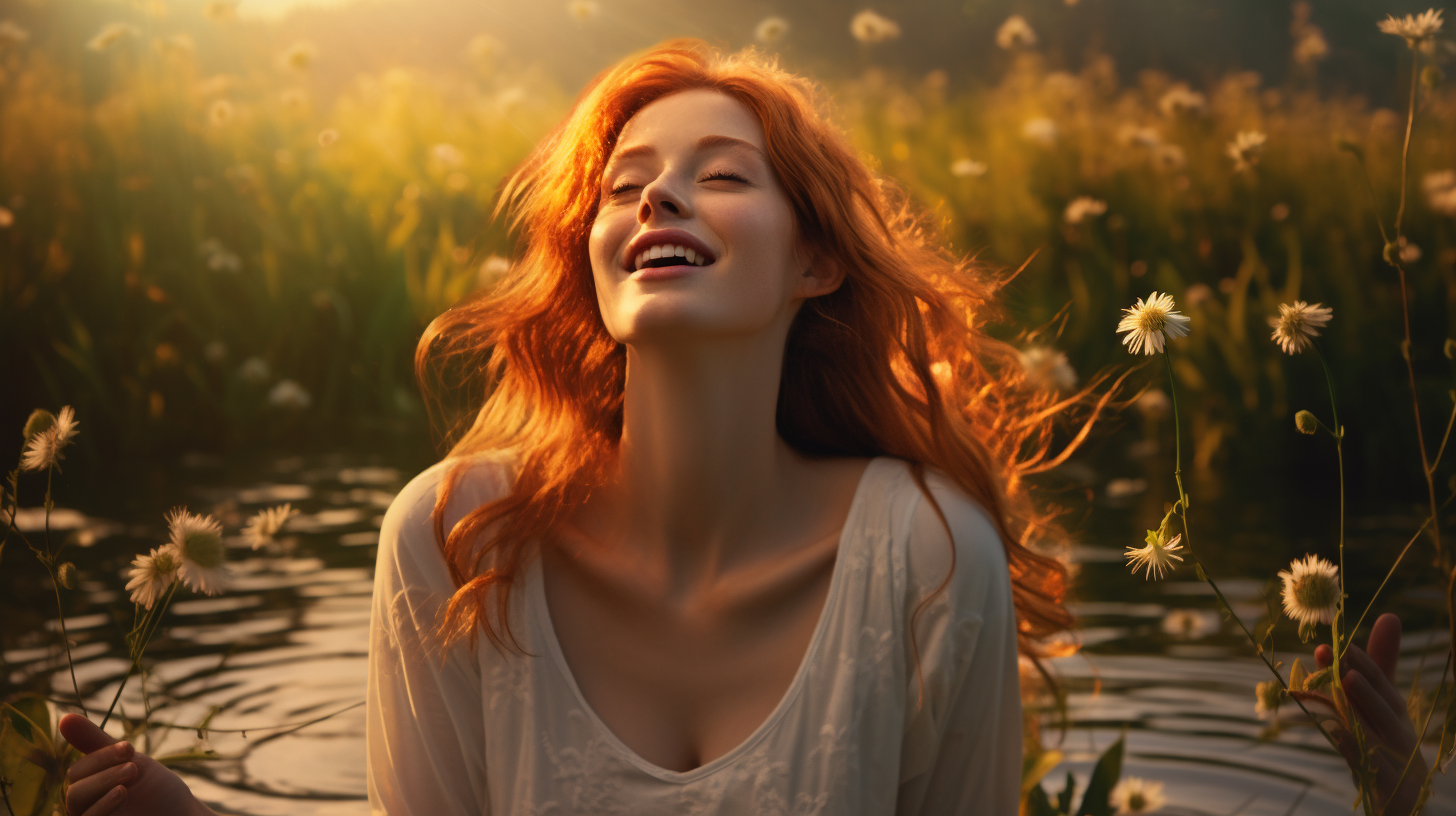 Ginger woman in white dress emerging from pond