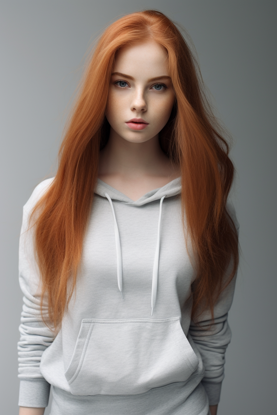 Ginger woman in sporty outfit against grey background