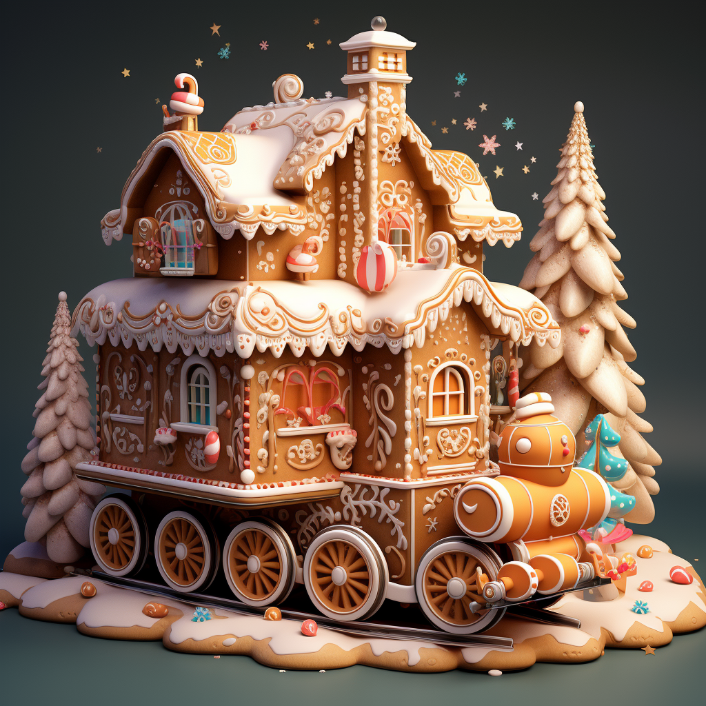 Gingerbread Christmas train with cookies and trees