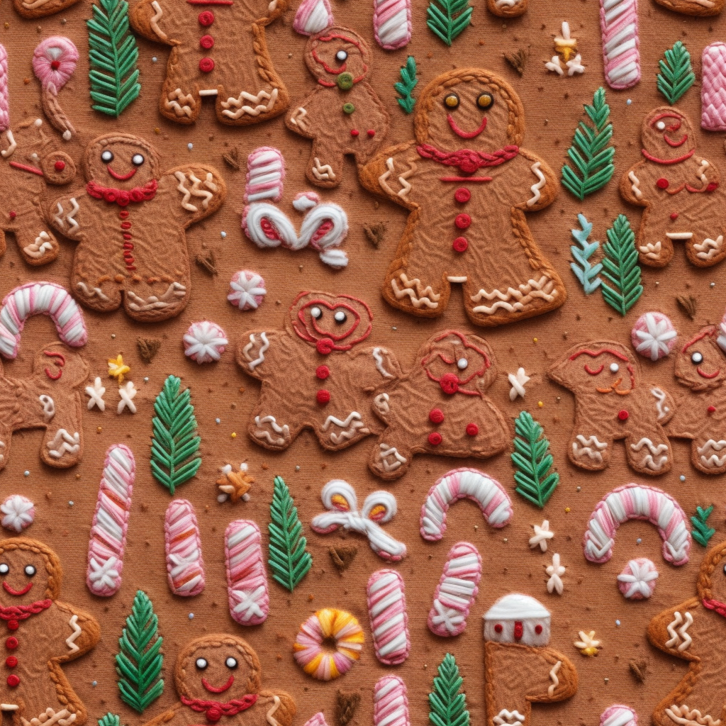 Detailed gingerbread embroidery on textured fabric