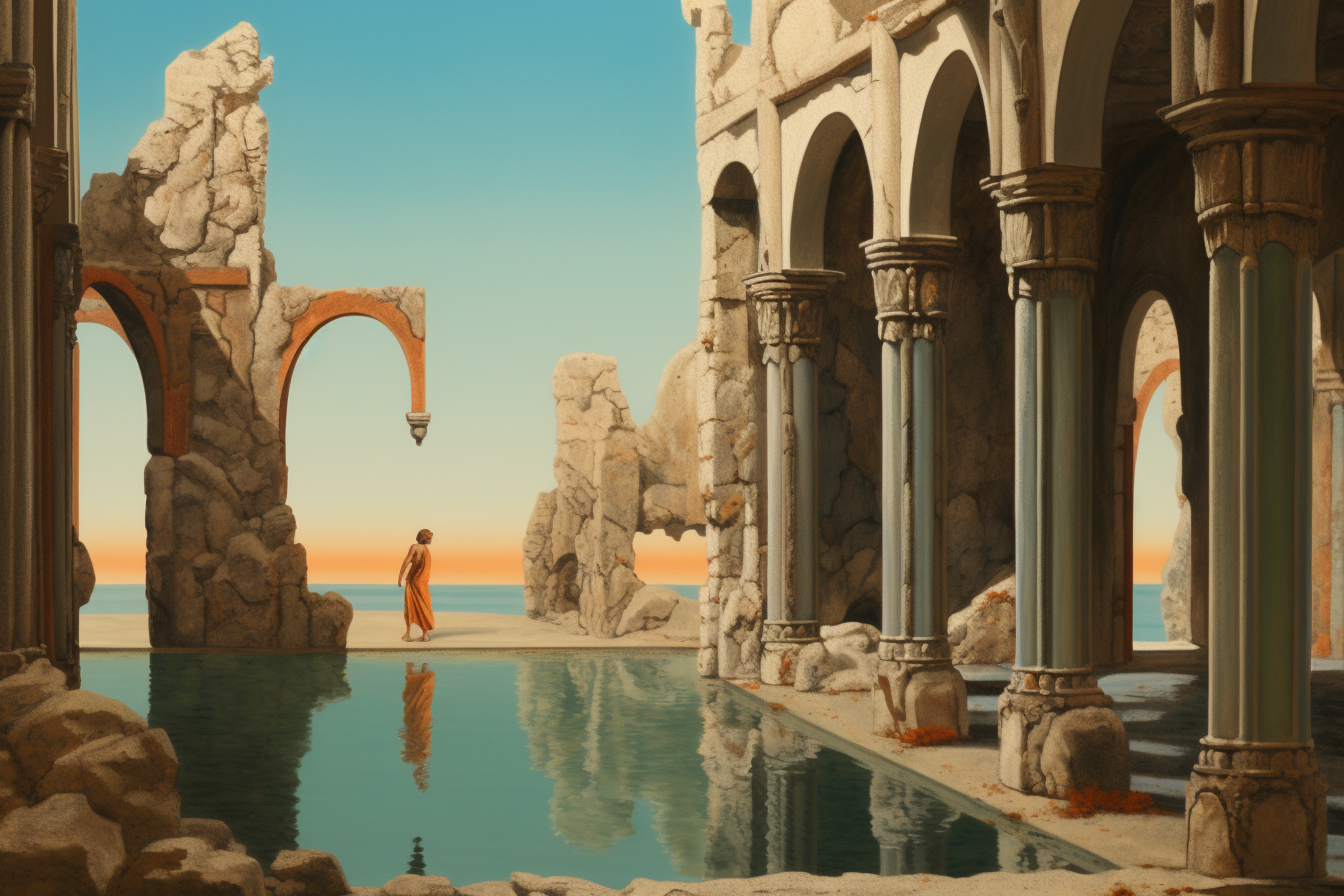 Artwork by Giorgio de Chirico in tropical medieval fantasy