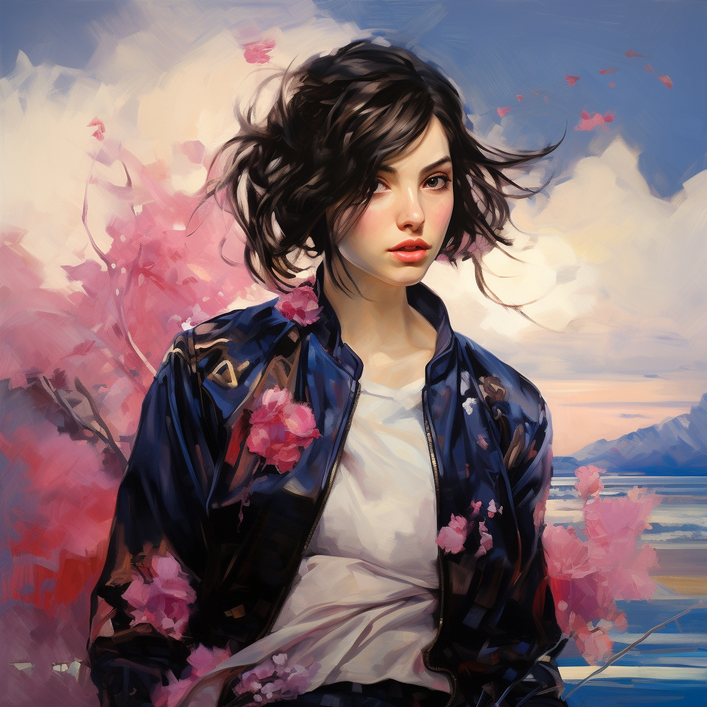 Boldini Girl in Silk Bomber Jacket with Sakura and Cloud Motif