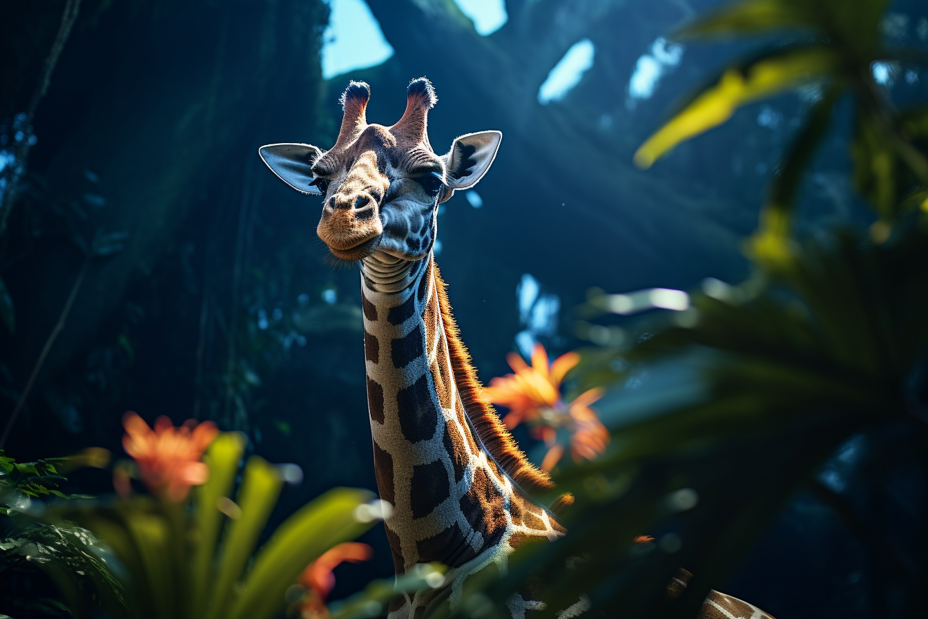 Giraffe in Bromeliad Forest under Cinematic Blue Lighting