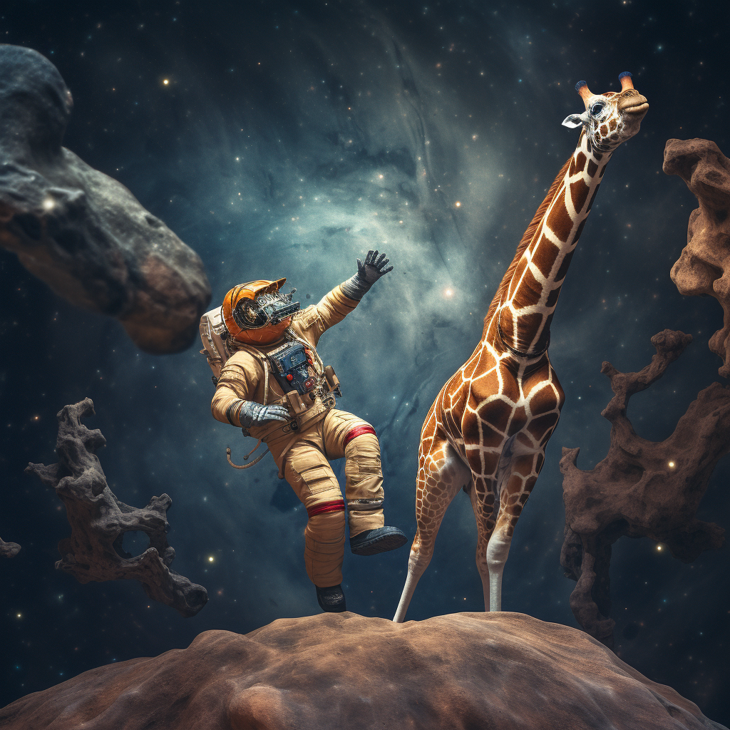 Giraffe and Elephant doing cartwheels in outer space