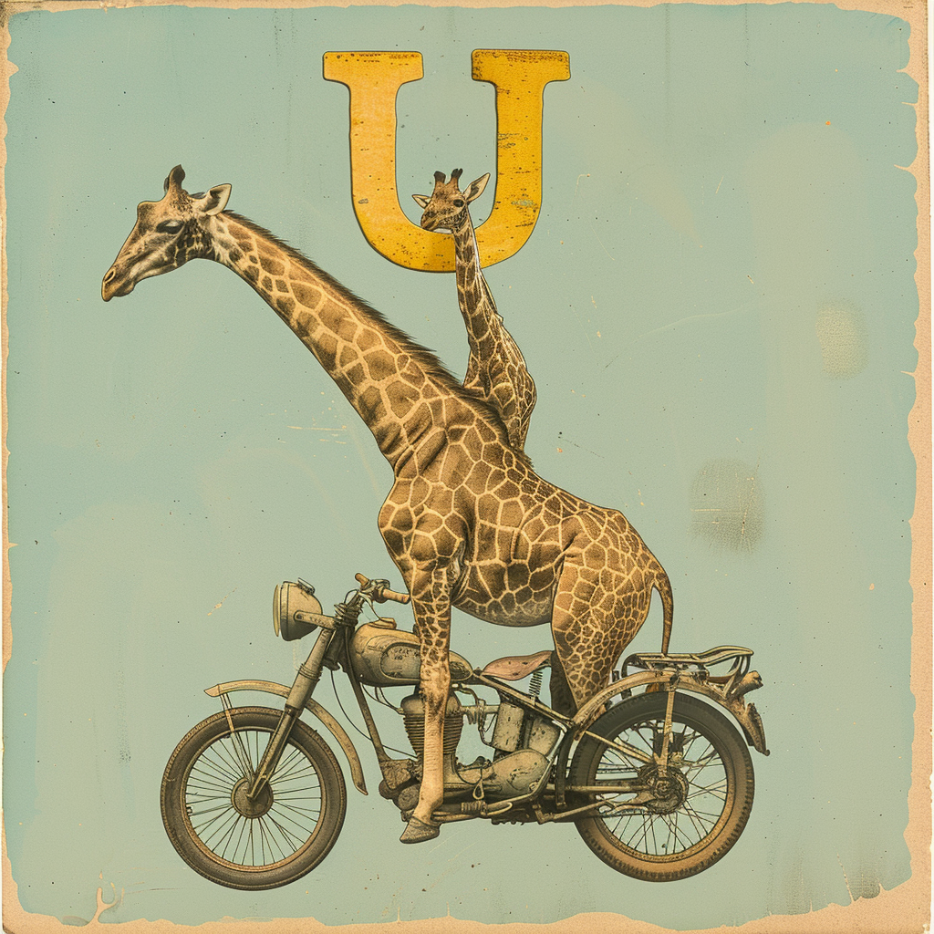 Two giraffes riding motorcycle holding U