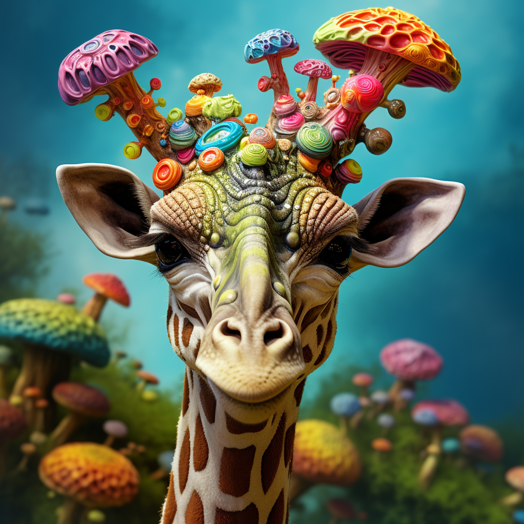 Colorful giraffe with mushrooms on its head