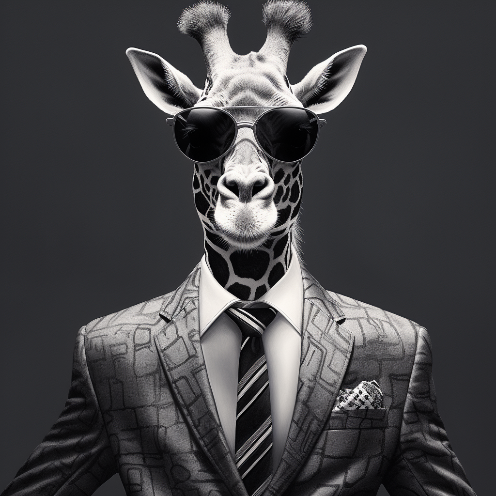 Giraffe in suit with sunglasses