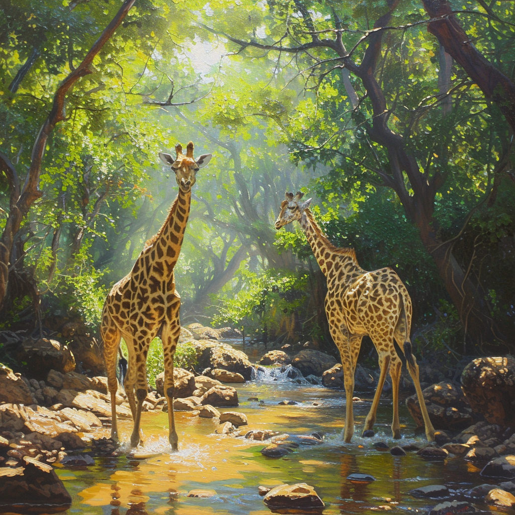 Giraffes in African Forest Stream