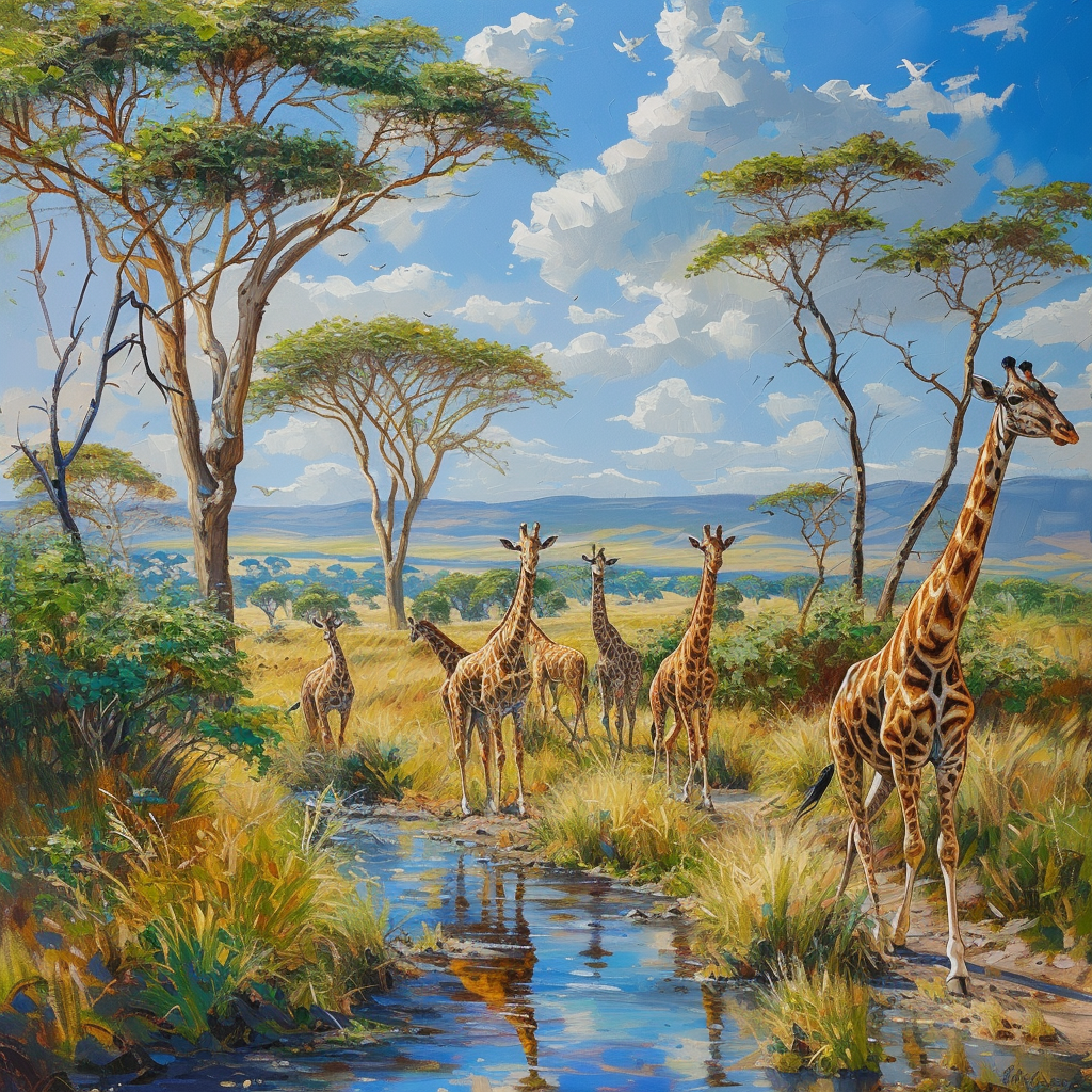 realistic oil painting illustration of giraffes in savanna