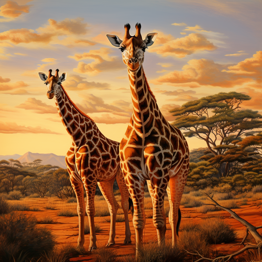 Giraffes in African Savanna at Dusk