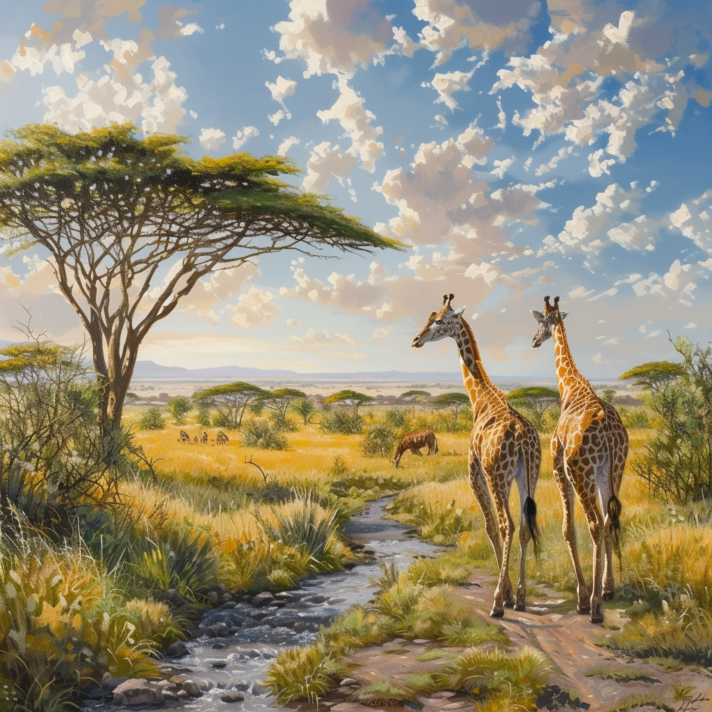 Giraffes walking in African savanna with trees and stream