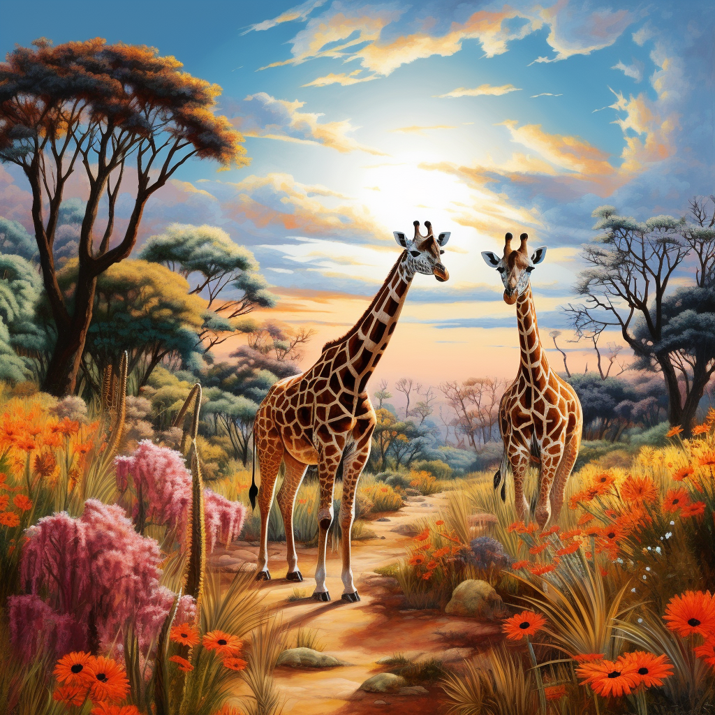 Giraffes in African Savanna with Wildflowers and Acacia Trees