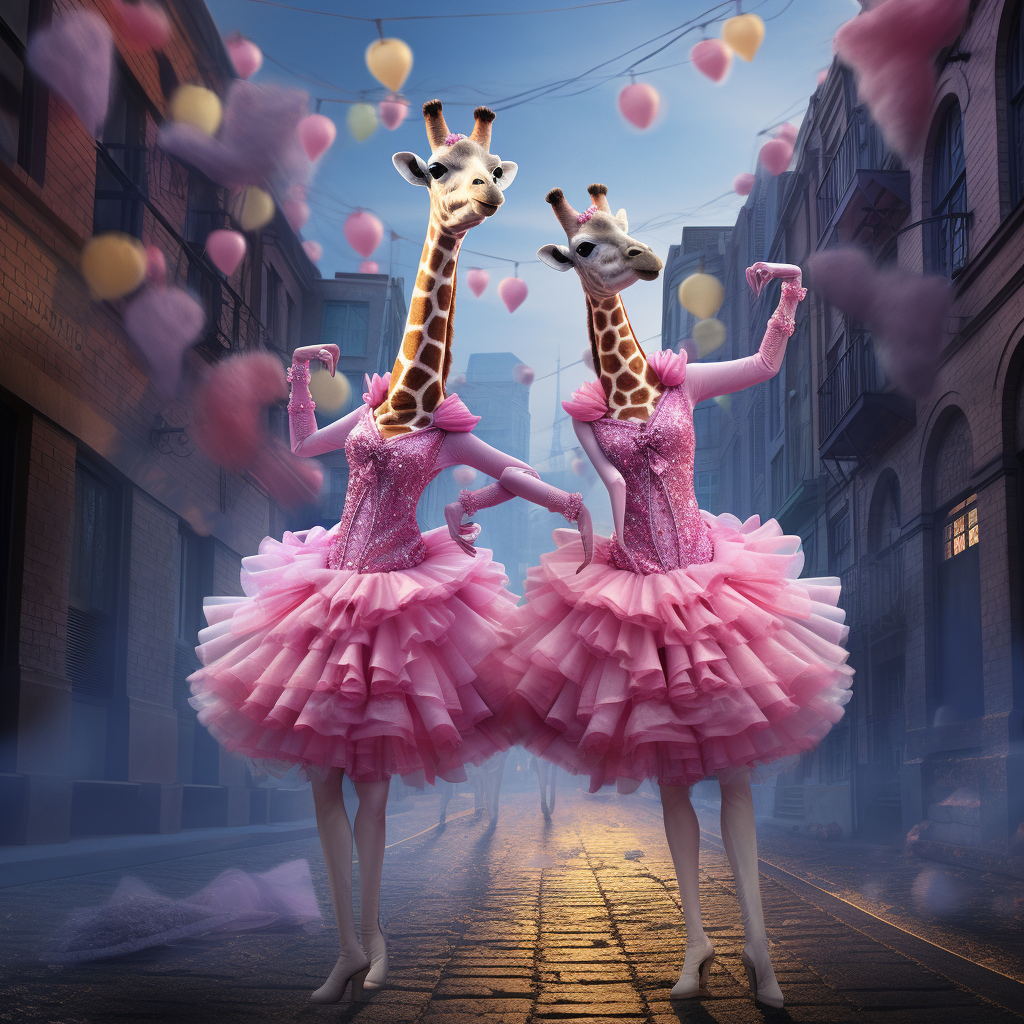 Giraffes in Ballerina Tutus Performing on City Street