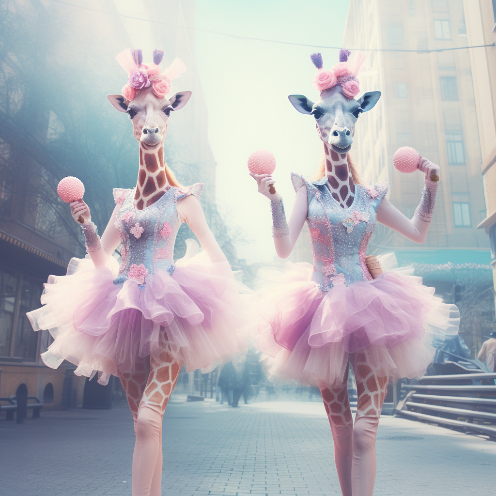 Giraffes dancing in colorful tutus on city street