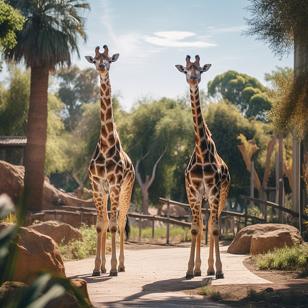 Giraffes exploring zoo enclosure