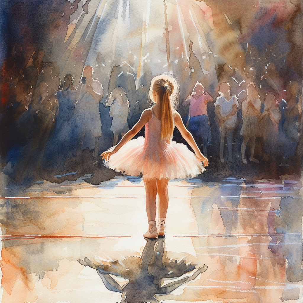 Little girl ballet dancer tip-toeing watercolor