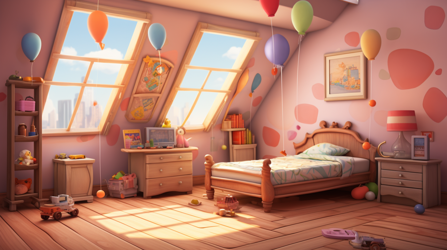 Adorable girl bedroom in Pixar art style