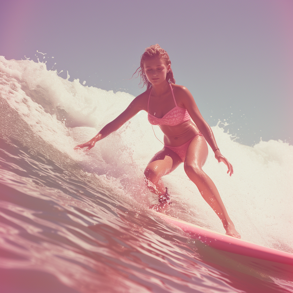 Teenage girl in pink bikini surfing