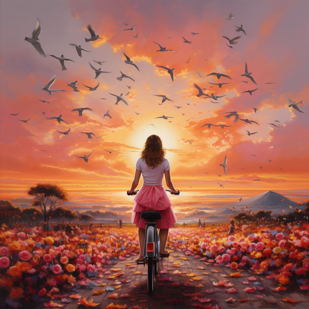 Impressionist painting of a girl riding a bicycle surrounded by birds