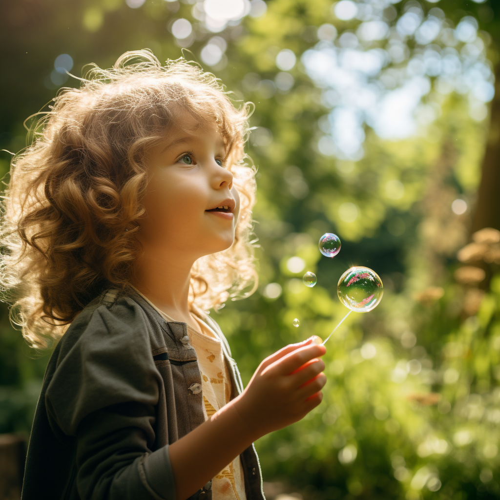 girl blowing bubbles in green park