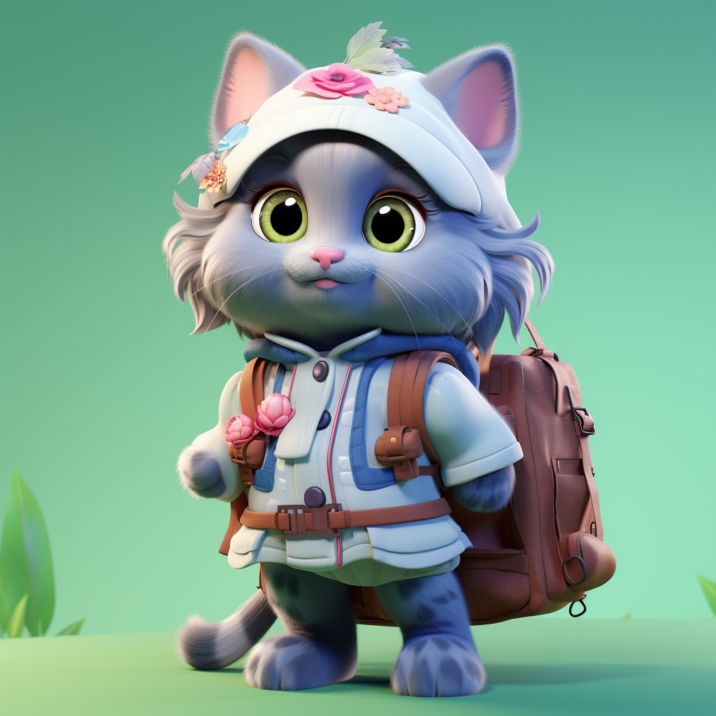 Cute girl blue Russian cat in dress and scout backpack