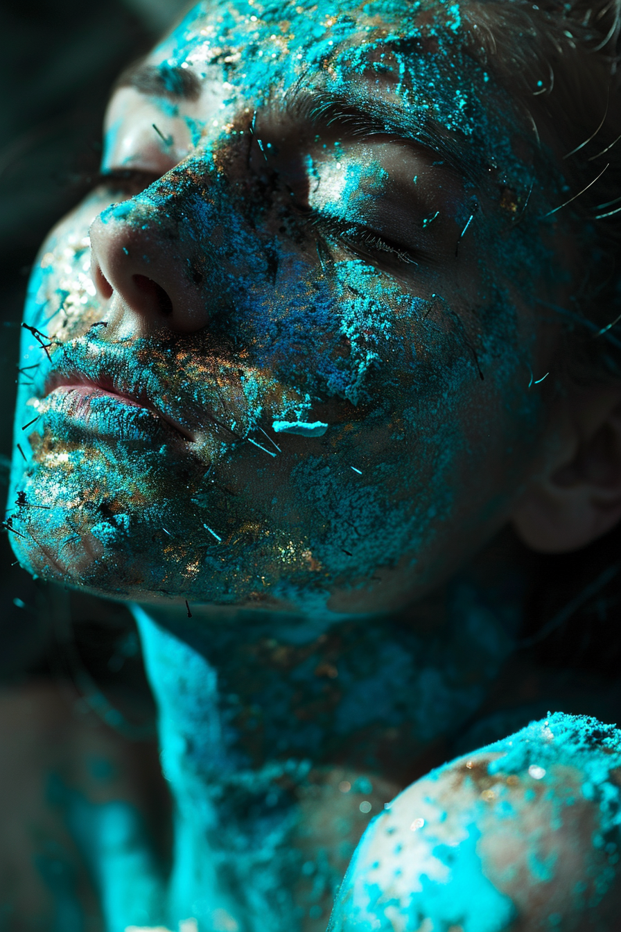 Girl with needles in face and blue sand on chest