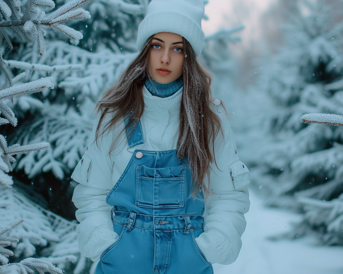 Girl in Blue and White Winter Overalls